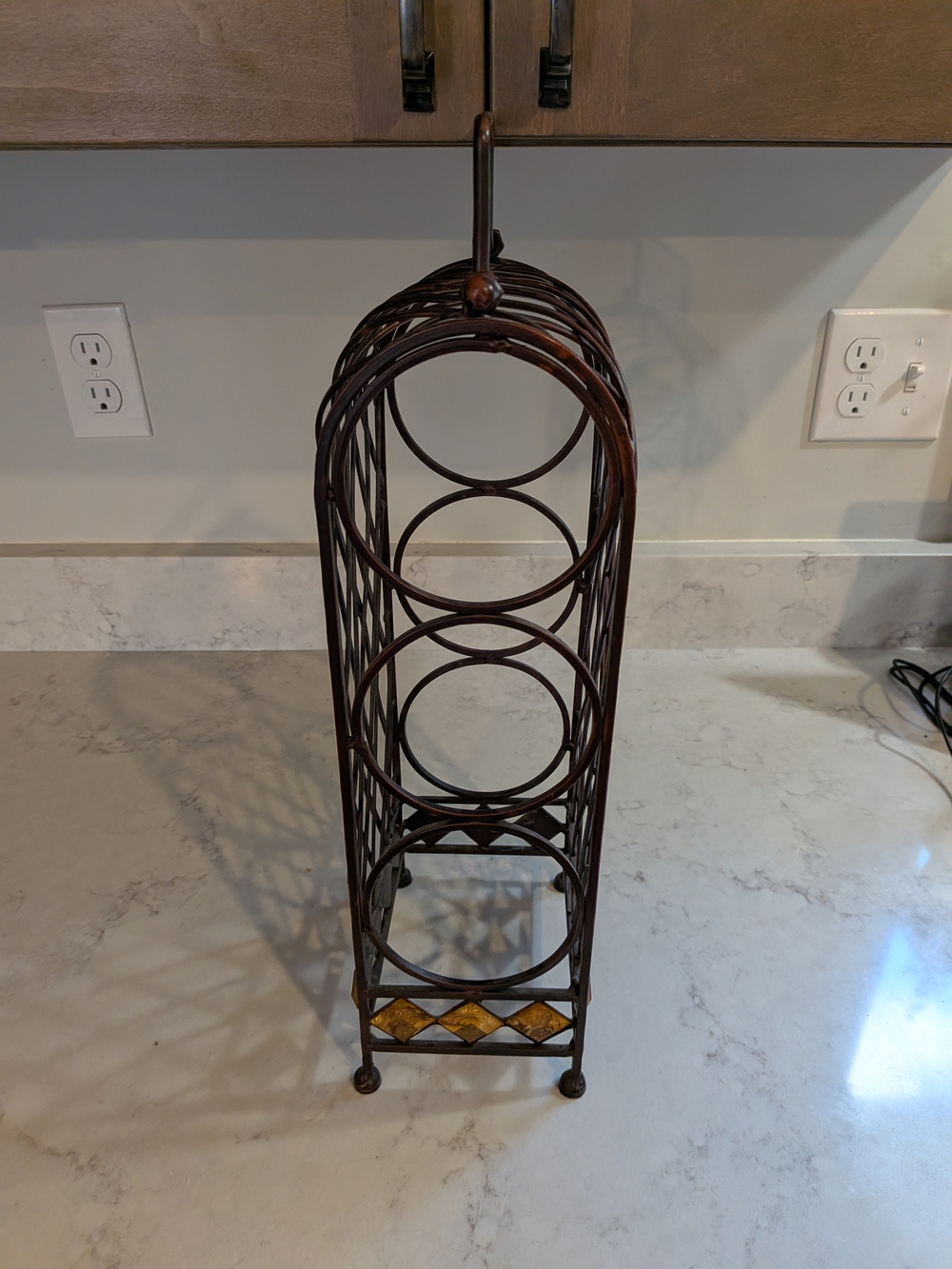 Vintage 1980s Wine Rack Wrought Iron 3 Bottle Dark Brown Storage With Handle